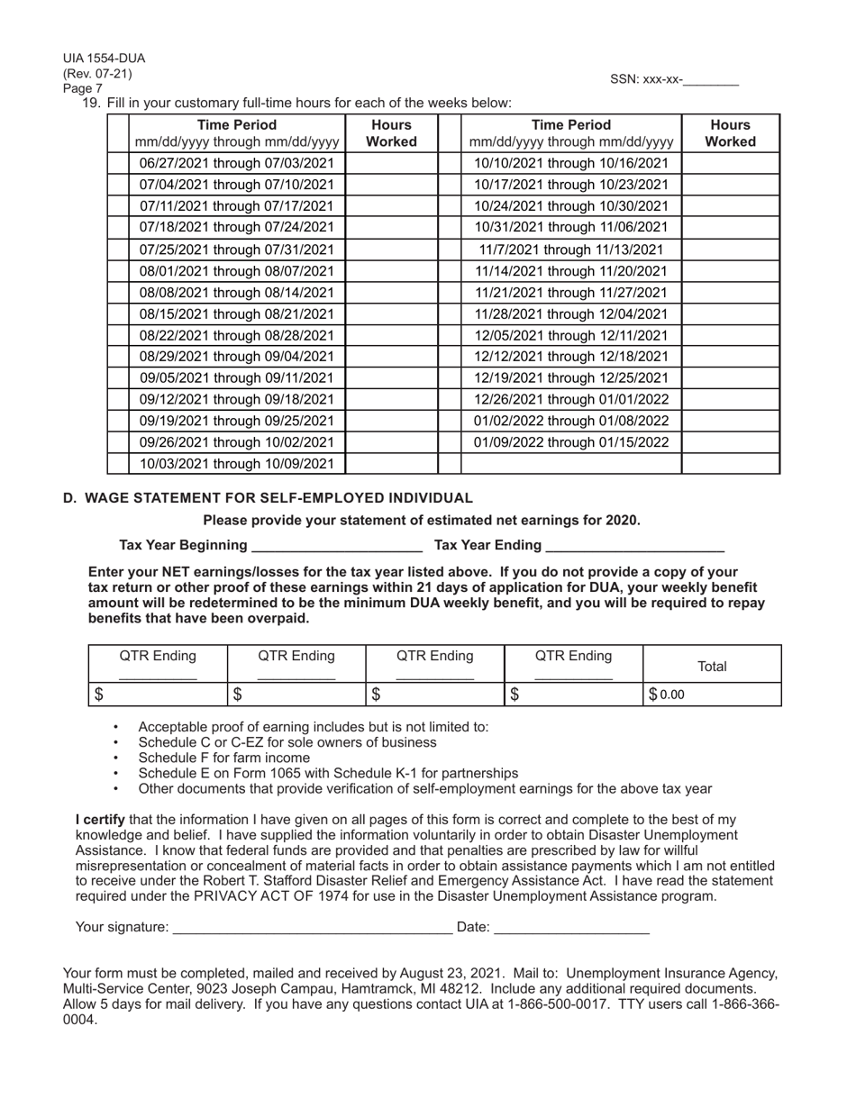 Form UIA1554DUA Application for Disaster Unemployment Assistance - Michigan, Page 7