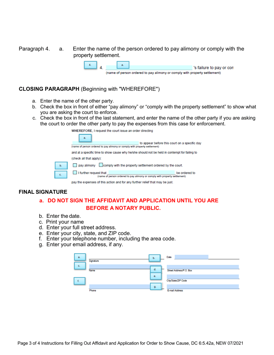 Instructions for Form DC6:5.42 Affidavit and Application for Order to Show Cause (Alimony / Property Settlement) - Nebraska, Page 3