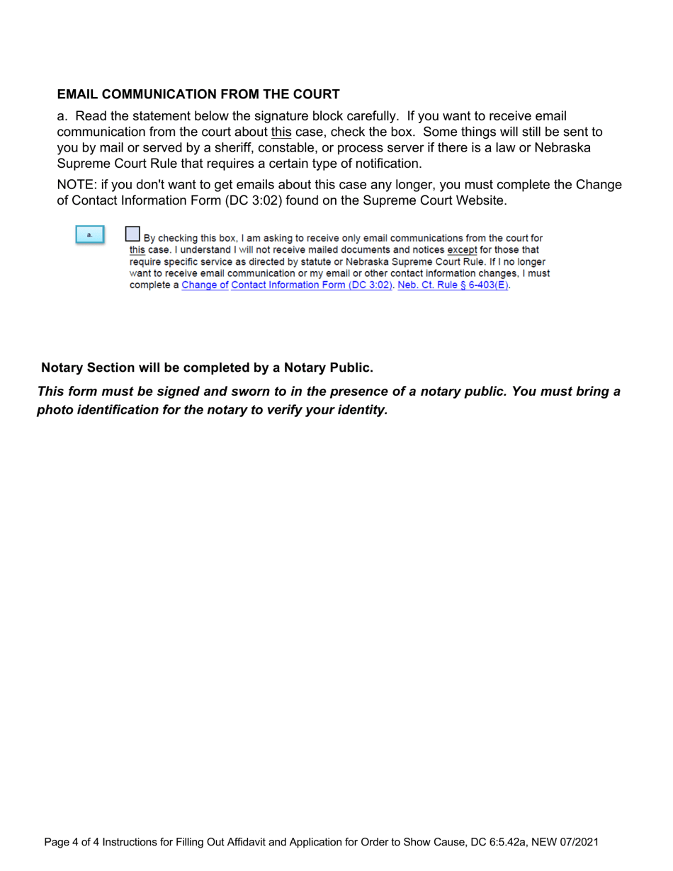 Instructions for Form DC6:5.42 Affidavit and Application for Order to Show Cause (Alimony / Property Settlement) - Nebraska, Page 4