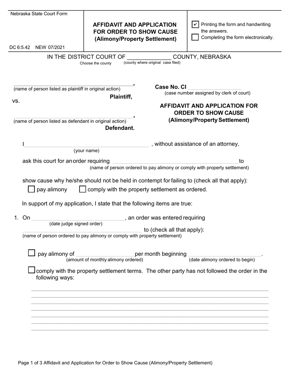 Form DC6:5.42 Affidavit and Application for Order to Show Cause (Alimony / Property Settlement) - Nebraska, Page 1
