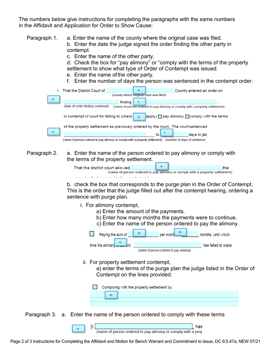 Instructions for Form DC6:5.47 Affidavit and Motion for Bench Warrant and Commitment to Issue - Nebraska, Page 2