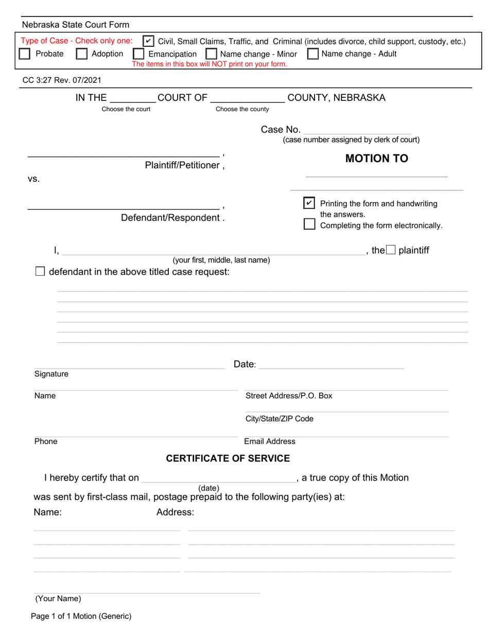 Form CC3:27 Motion (Generic) - Nebraska, Page 1