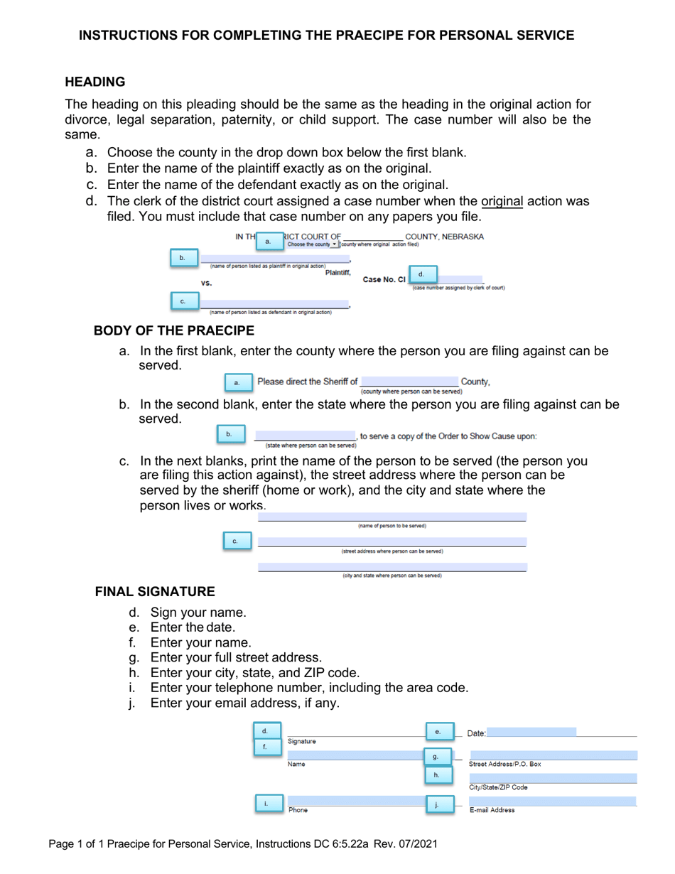 Instructions for Form DC6:5.22 Praecipe for Personal Service - Nebraska, Page 1