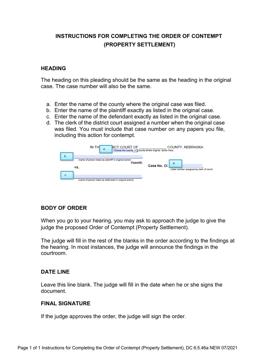 Instructions for Form DC6:5.46 Order of Contempt (Property Settlement) - Nebraska, Page 1