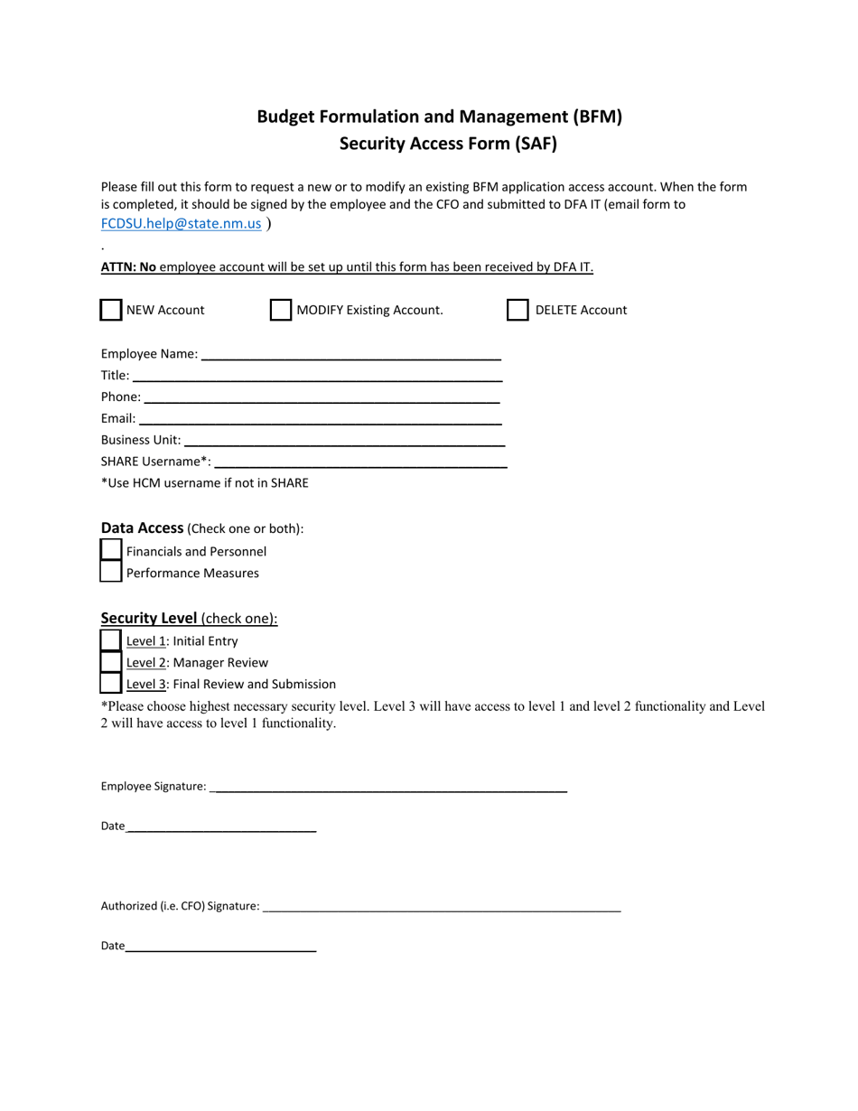 Budget Formulation and Management (Bfm) Security Access Form (Saf) - New Mexico, Page 1