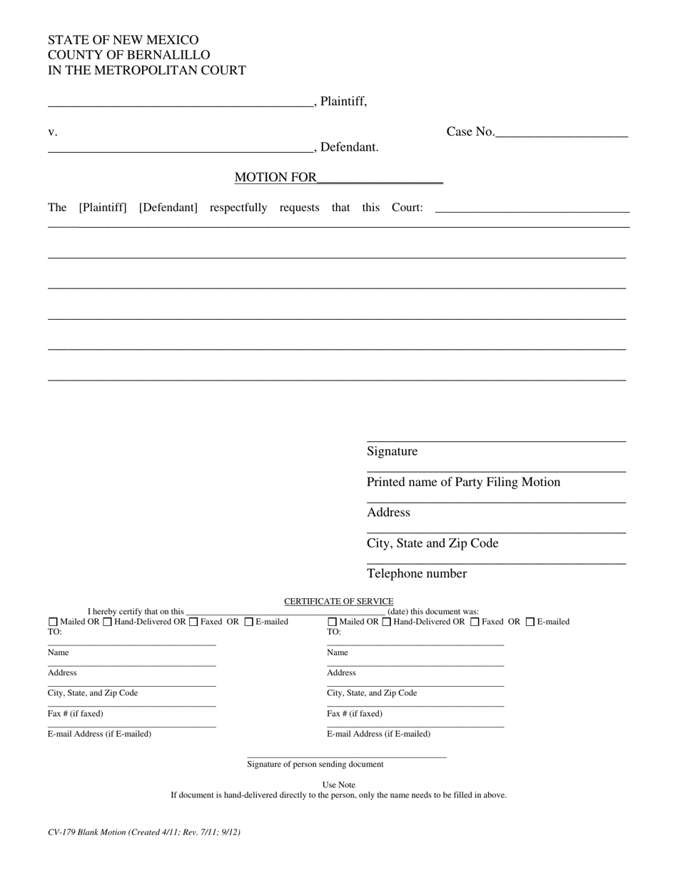 Form CV-179 Motion - Bernalillo County, New Mexico, Page 1