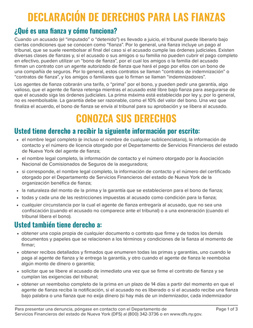 Declaracion De Derechos Para Las Fianzas - New York (Spanish) Download Pdf