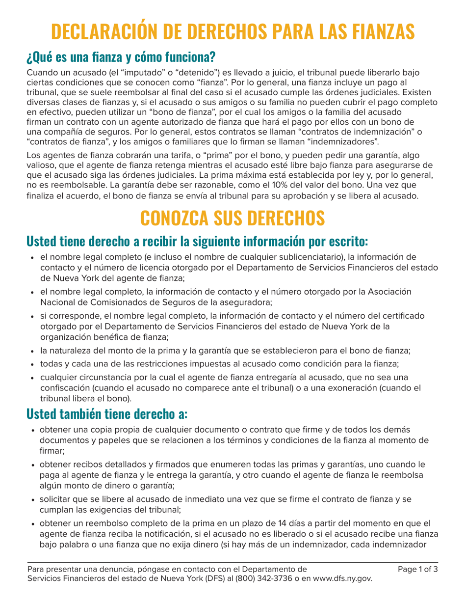 Declaracion De Derechos Para Las Fianzas - New York (Spanish), Page 1
