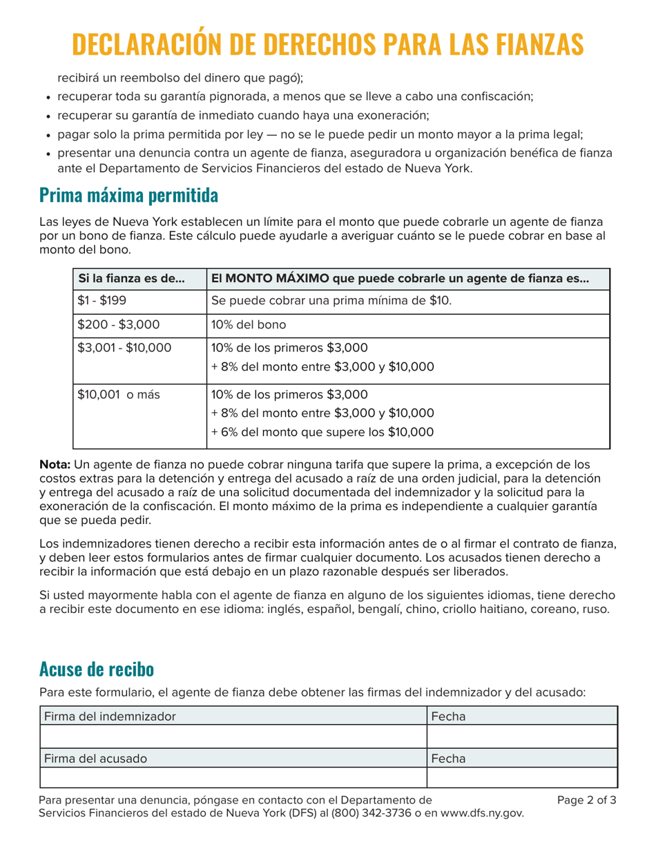 Declaracion De Derechos Para Las Fianzas - New York (Spanish), Page 2