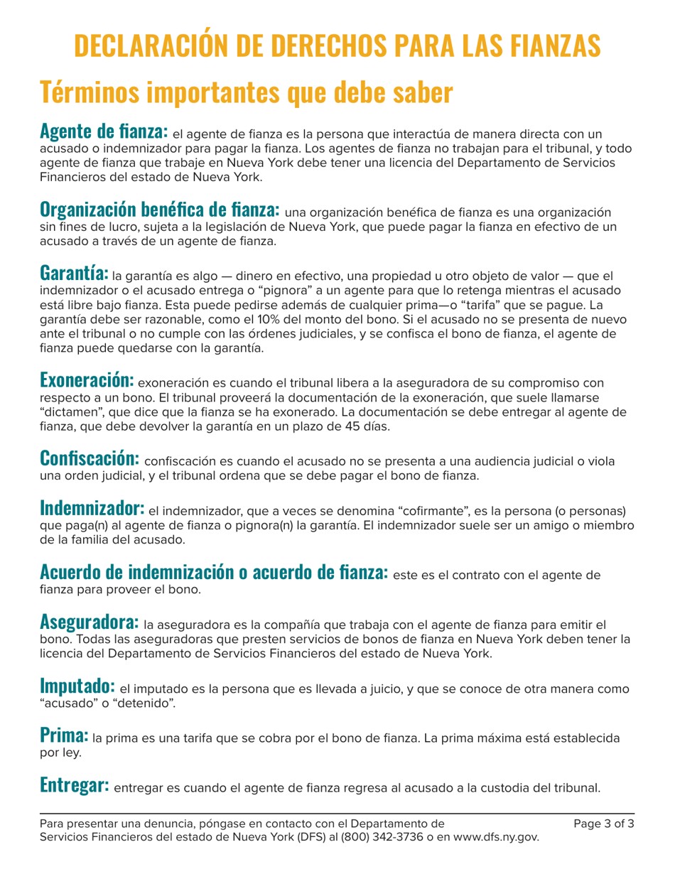 Declaracion De Derechos Para Las Fianzas - New York (Spanish), Page 3