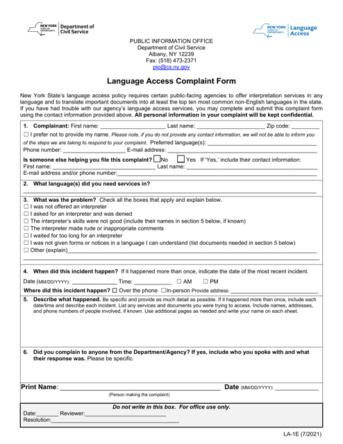 Form LA-1E Language Access Complaint Form - New York