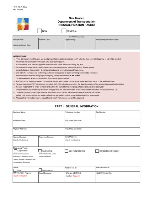 Form A-1022 Prequalification Packet - New Mexico