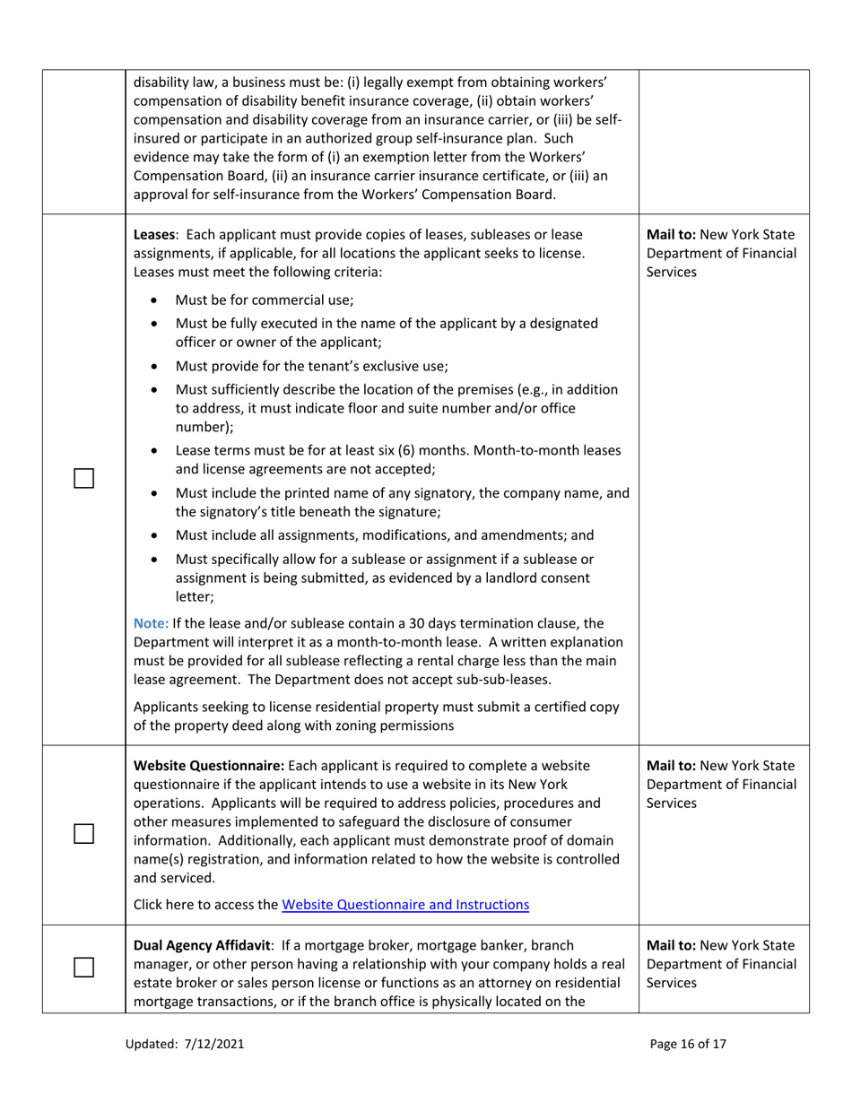 Ny Mortgage Banker License New Application Checklist (Company) - New York, Page 16