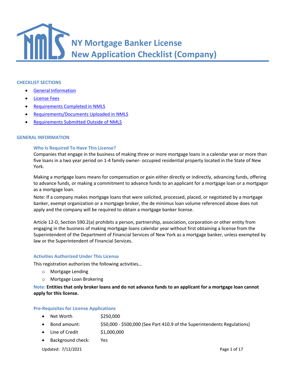 Ny Mortgage Banker License New Application Checklist (Company) - New York, Page 1