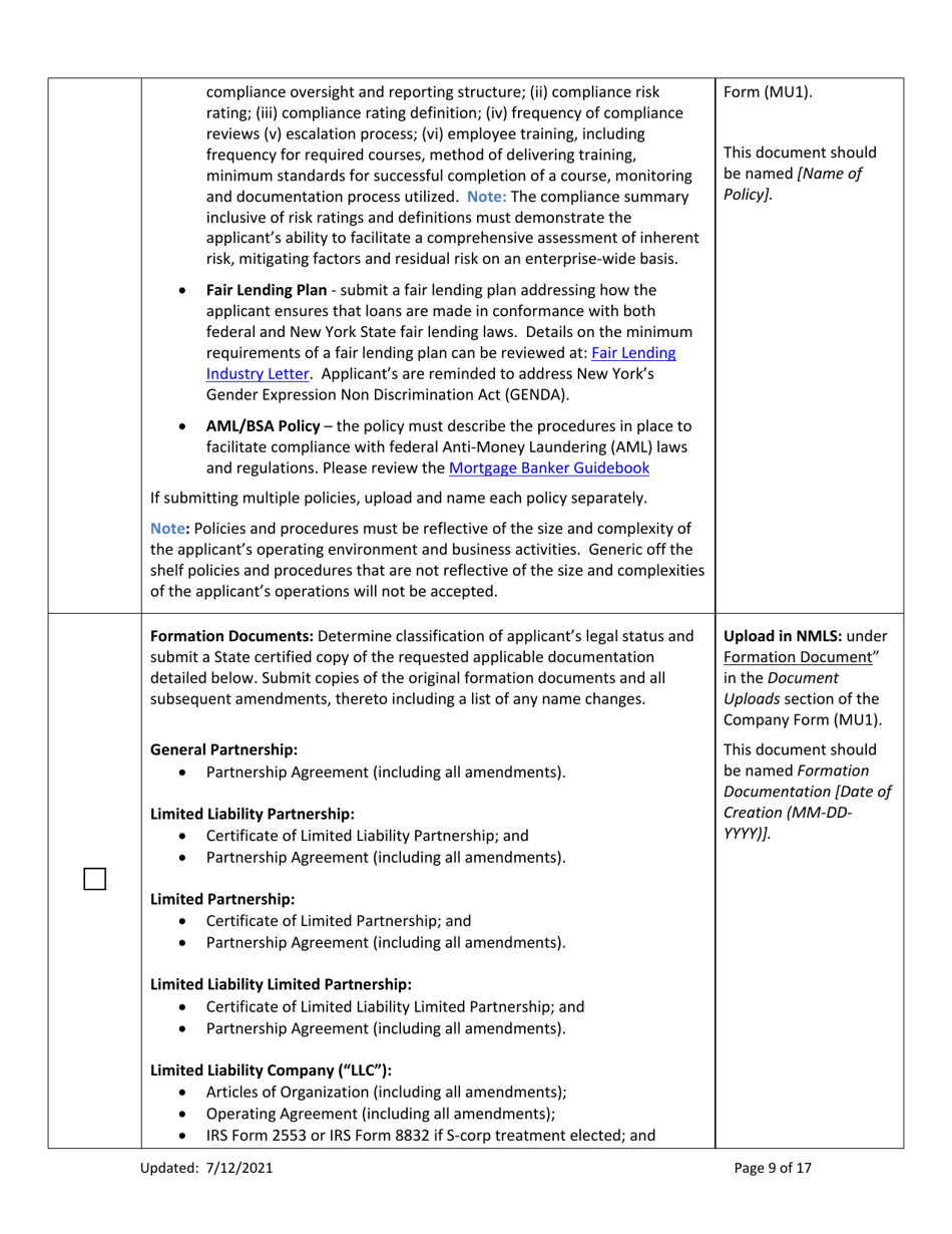 Ny Mortgage Banker License New Application Checklist (Company) - New York, Page 9