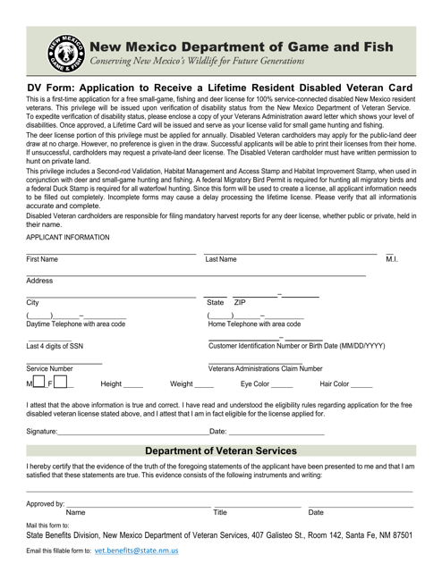 Form DV Application to Receive a Lifetime Resident Disabled Veteran Card - New Mexico