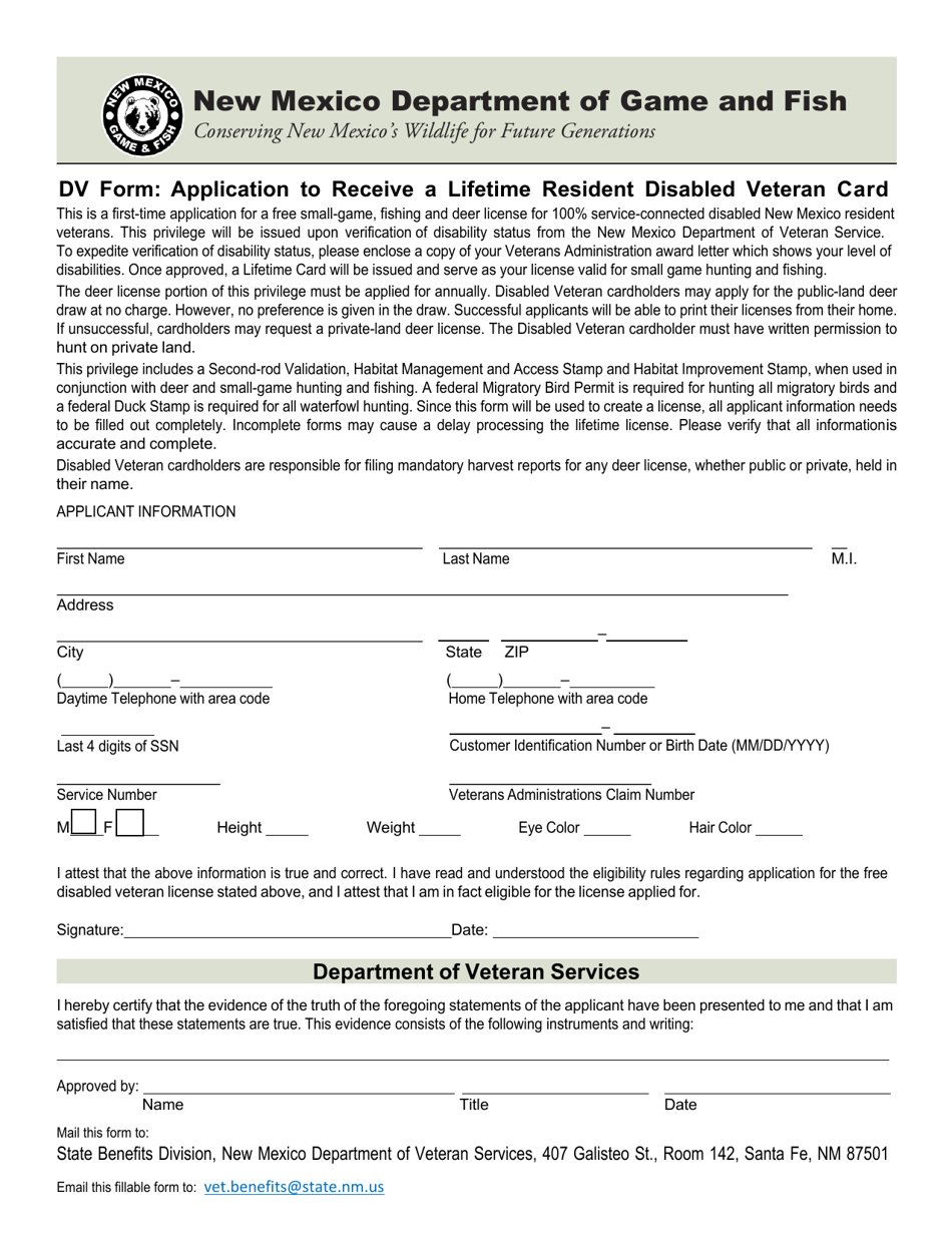 Form DV Application to Receive a Lifetime Resident Disabled Veteran Card - New Mexico, Page 1