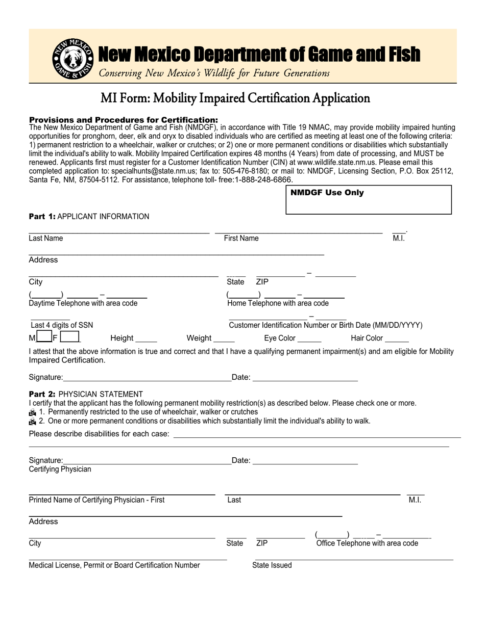 Form MI Mobility Impaired Certification Application - New Mexico, Page 1