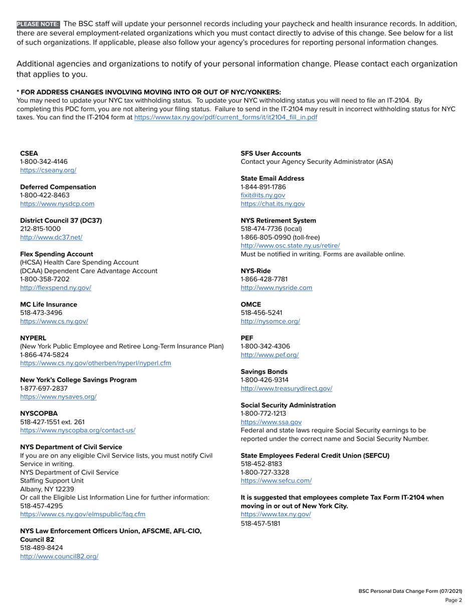 Personal Data Change Form - New York, Page 2