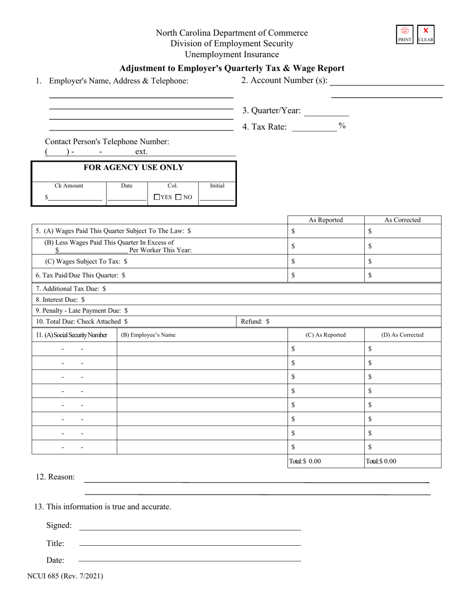 Form NCUI685 Download Fillable PDF or Fill Online Adjustment to