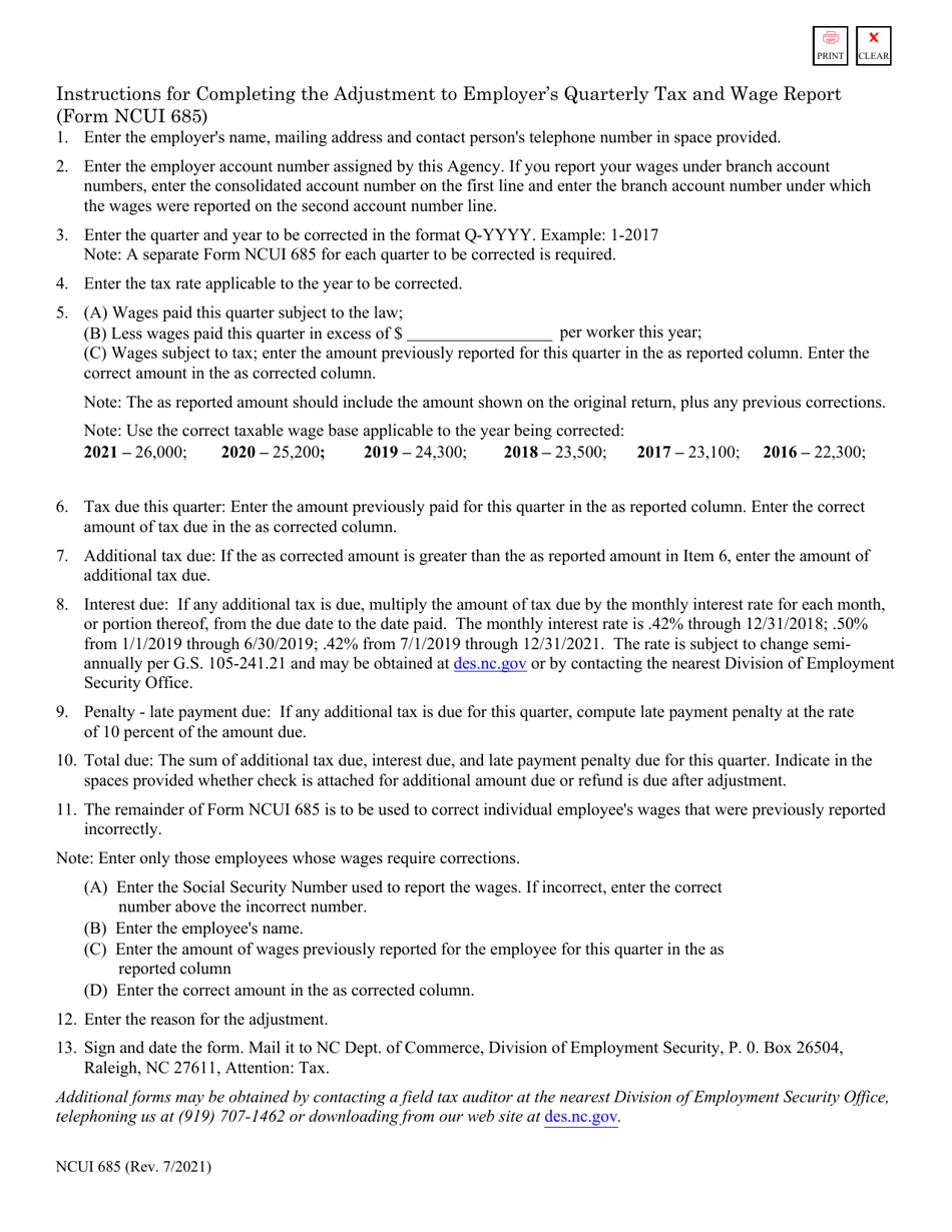 Form NCUI685 Adjustment to Employers Quarterly Tax  Wage Report - North Carolina, Page 2