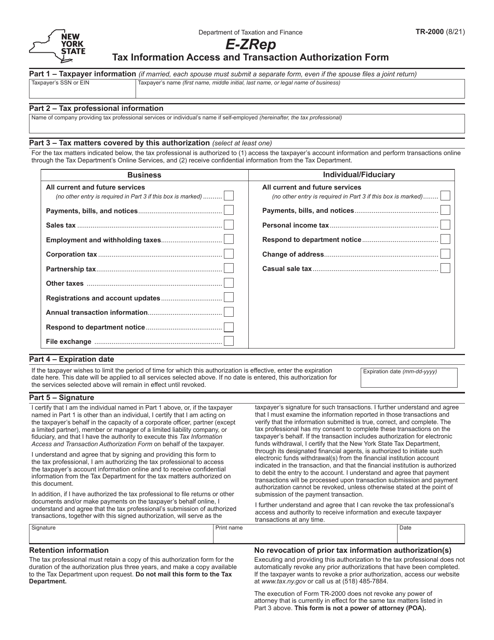 Form TR-2000 E-Zrep Tax Information Access and Transaction Authorization Form - New York