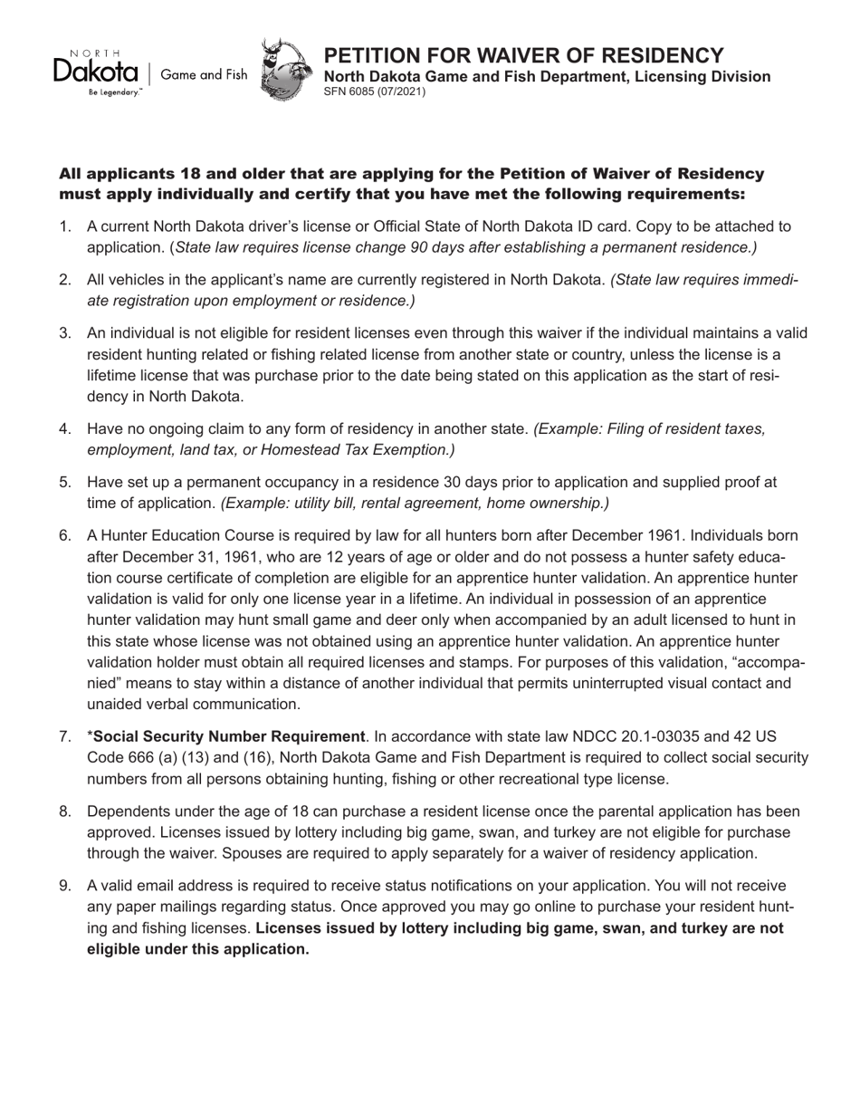 Form SFN6085 Download Printable PDF or Fill Online Petition for Waiver