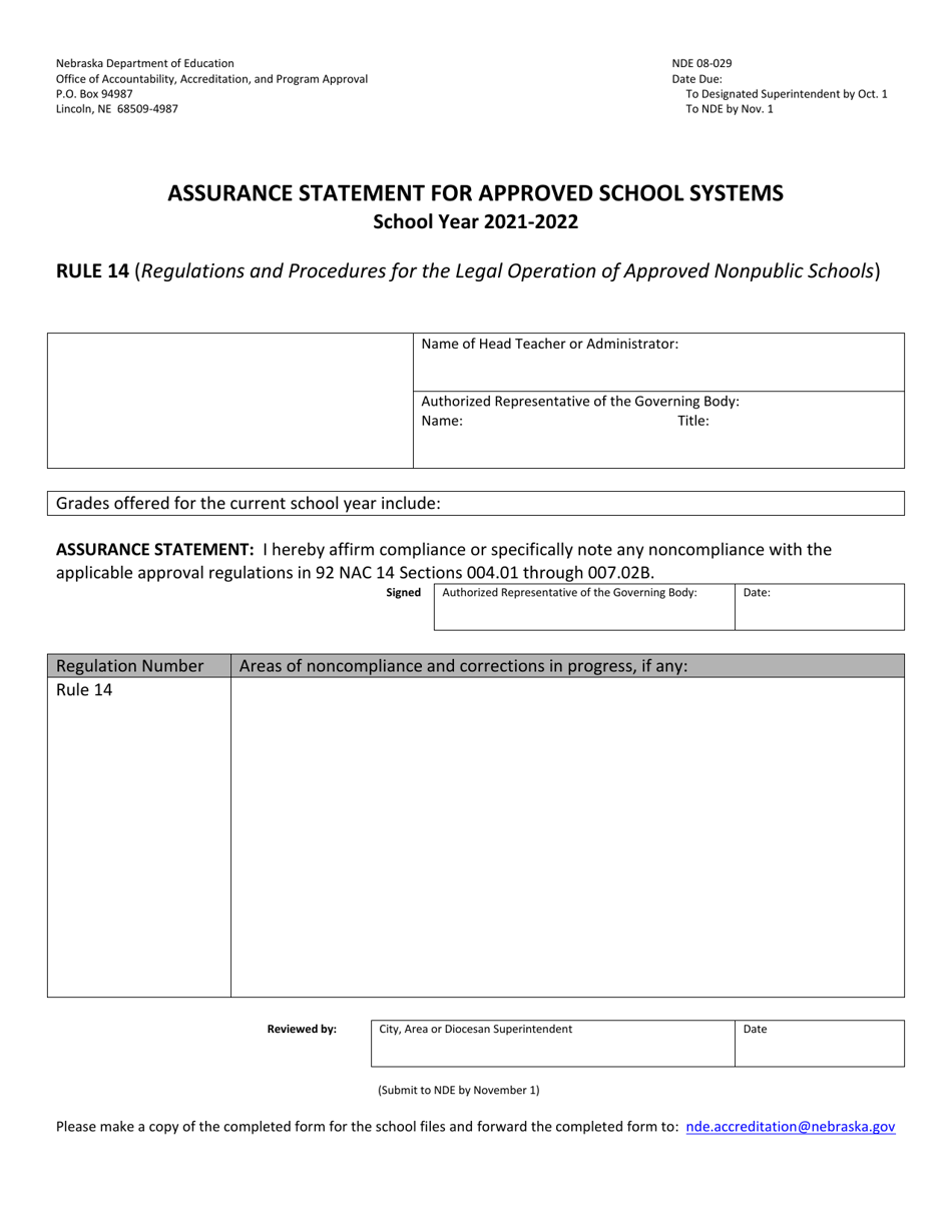 Form NDE08-029 Assurance Statement for Approved School Systems - Nebraska, Page 1