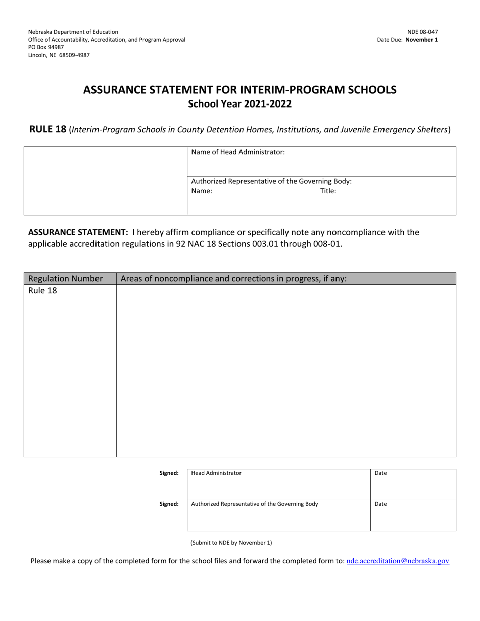 Form NDE08-047 Assurance Statement for Interim-Program Schools - Nebraska, Page 1
