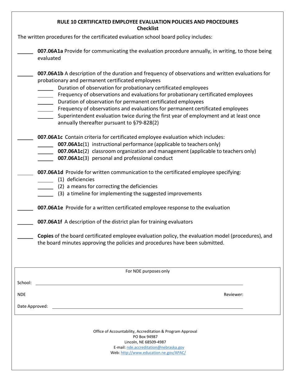Rule 10 Certificated Employee Evaluation Policies and Procedures Checklist - Nebraska, Page 1