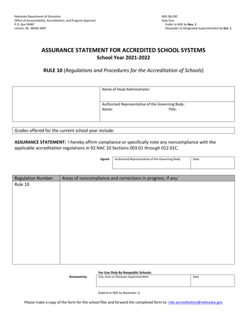 NDE Form 08-030 Assurance Statement for Accredited School Systems - Nebraska, 2022