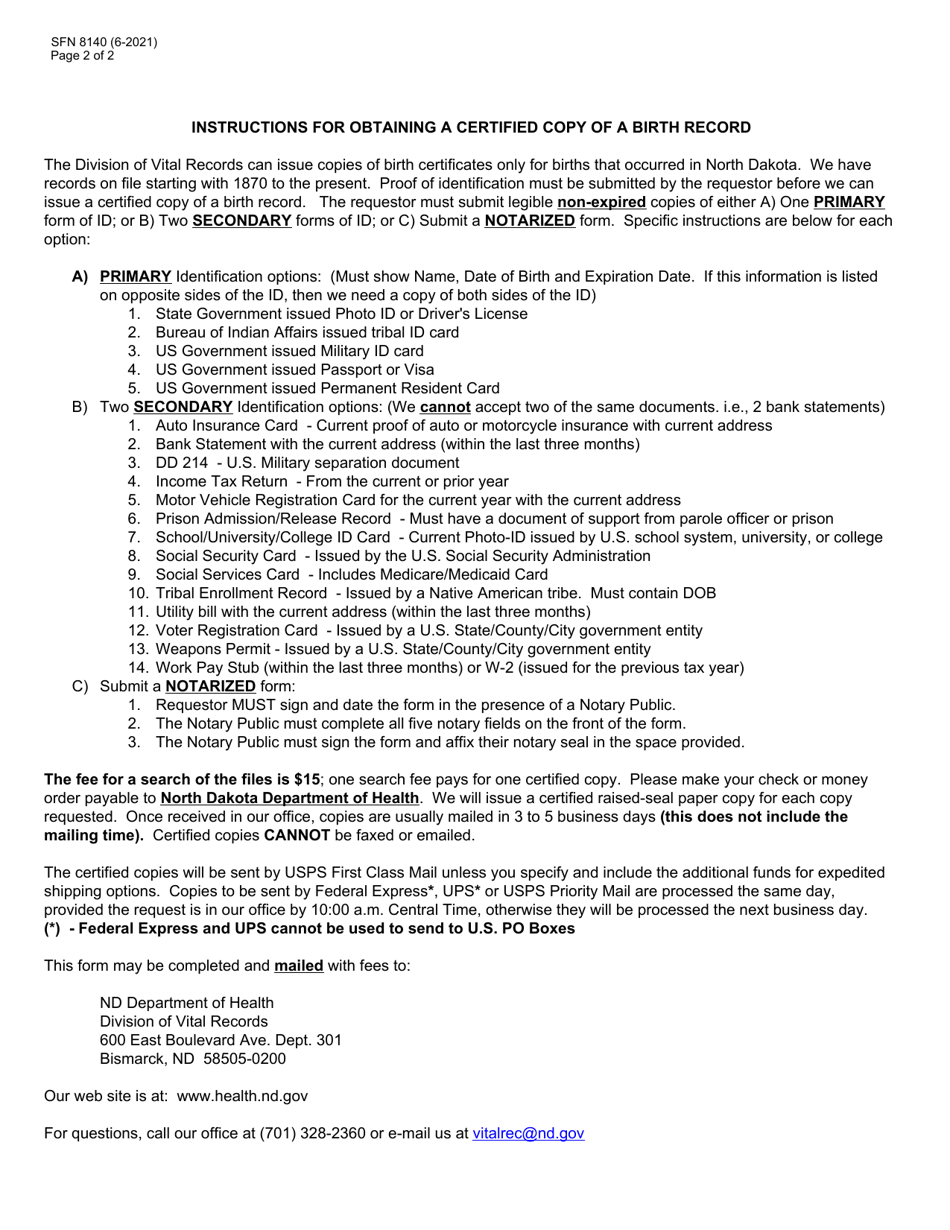Form SFN8140 Request for Certified Copy of a Birth Record - North Dakota, Page 2