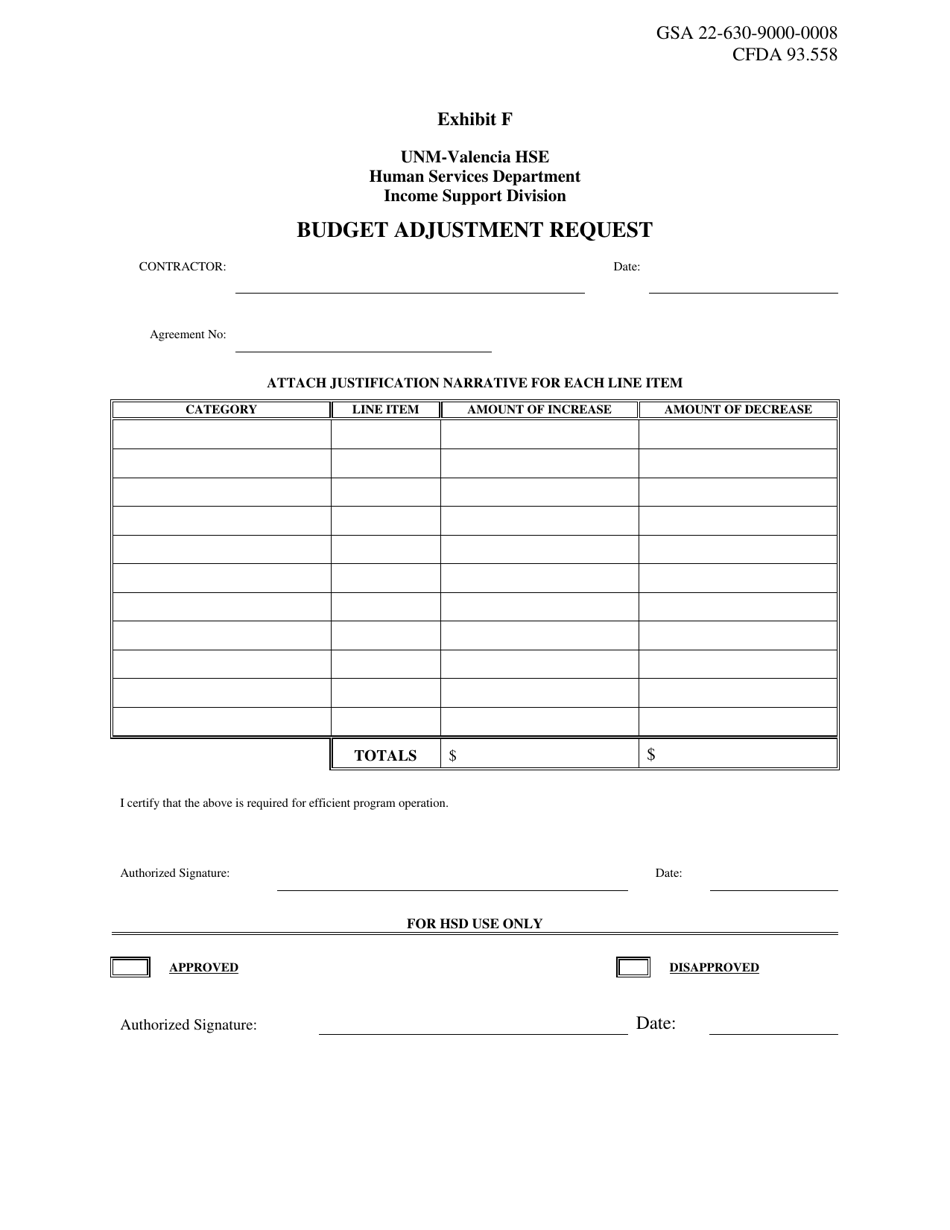 Exhibit F Budget Adjustment Request - Unm-Valencia Hse - New Mexico, Page 1