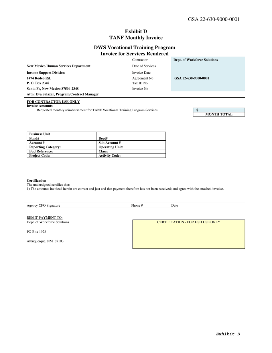 Exhibit D TANF Monthly Invoice - Dws Vocational Training Program - New Mexico, Page 1