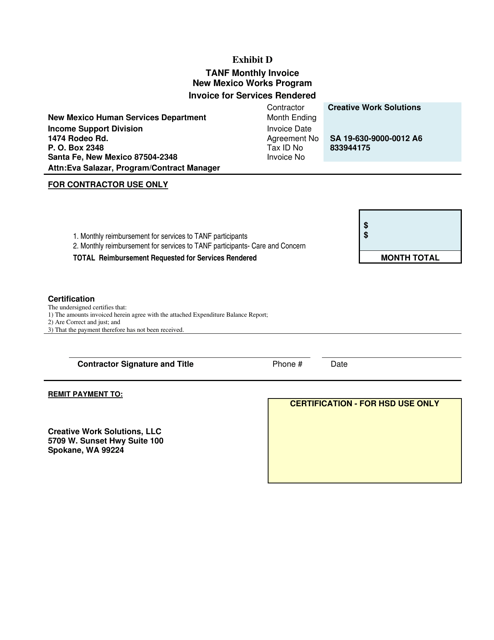 Exhibit D TANF Monthly Invoice - Creative Work Solutions Nmw - New Mexico