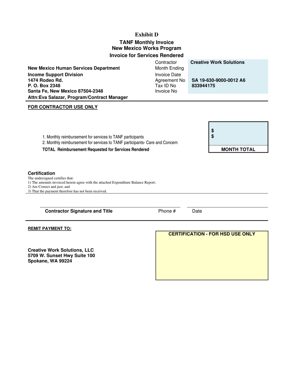Exhibit D TANF Monthly Invoice - Creative Work Solutions Nmw - New Mexico, Page 1