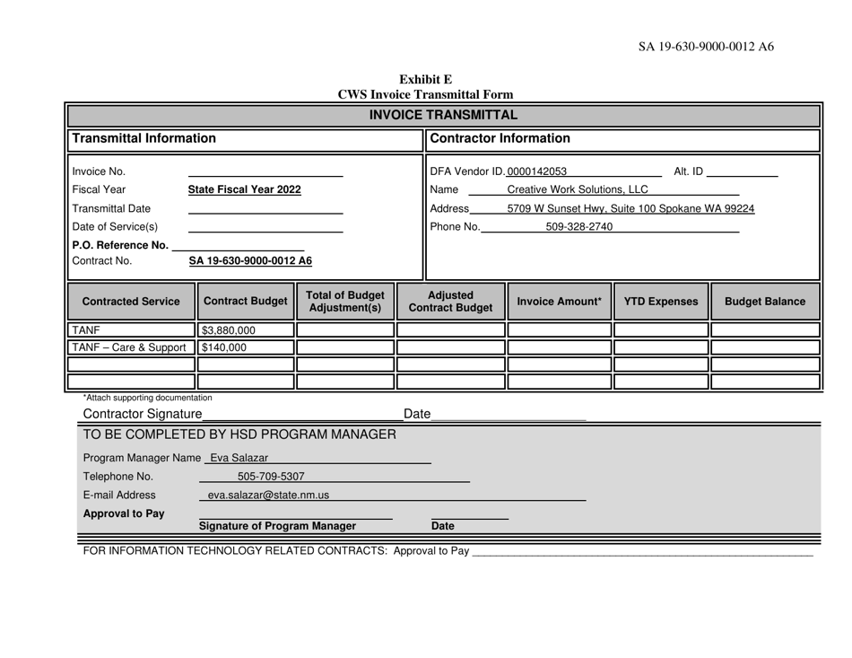 Exhibit E Cws Invoice Transmittal Form - New Mexico, Page 1