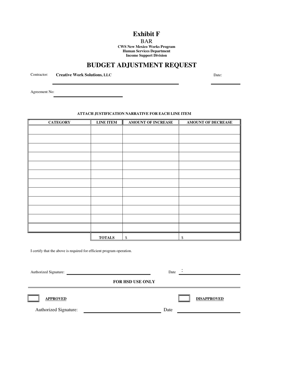 Exhibit F Budget Adjustment Request - Cws New Mexico Works Program - New Mexico, Page 1