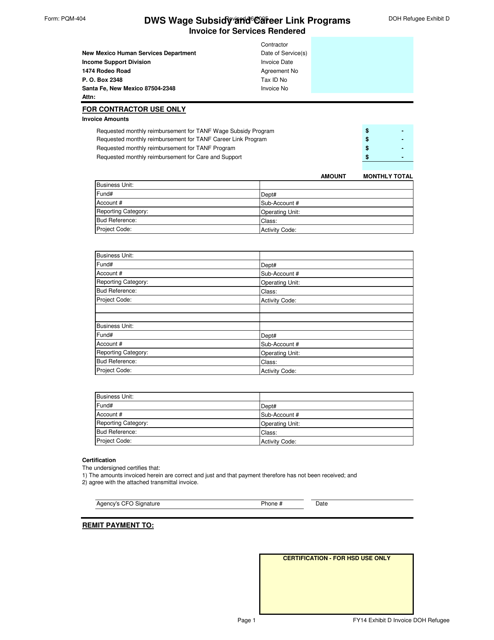 Form PQM-404 Exhibit D Invoice for Services Rendered - Dws Wage Subsidy and Career Link Programs - New Mexico