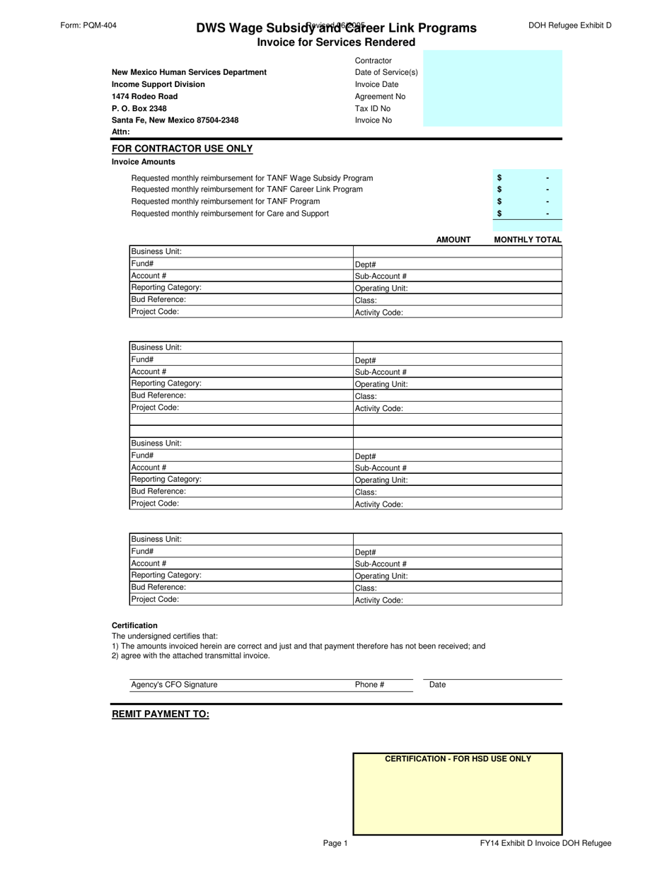 Form PQM-404 Exhibit D Invoice for Services Rendered - Dws Wage Subsidy and Career Link Programs - New Mexico, Page 1