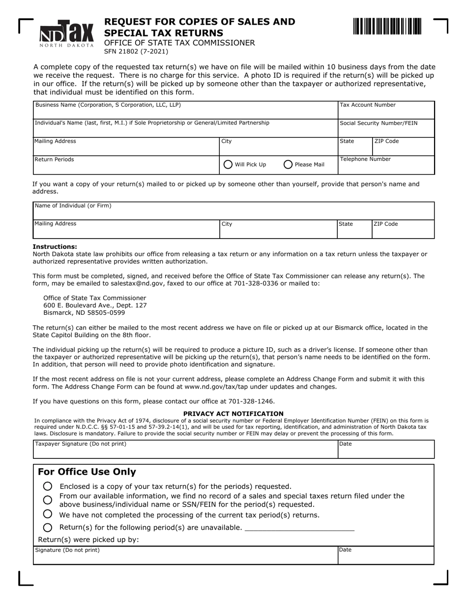 Form SFN21802 Request for Copies of Sales and Special Tax Returns - North Dakota, Page 1