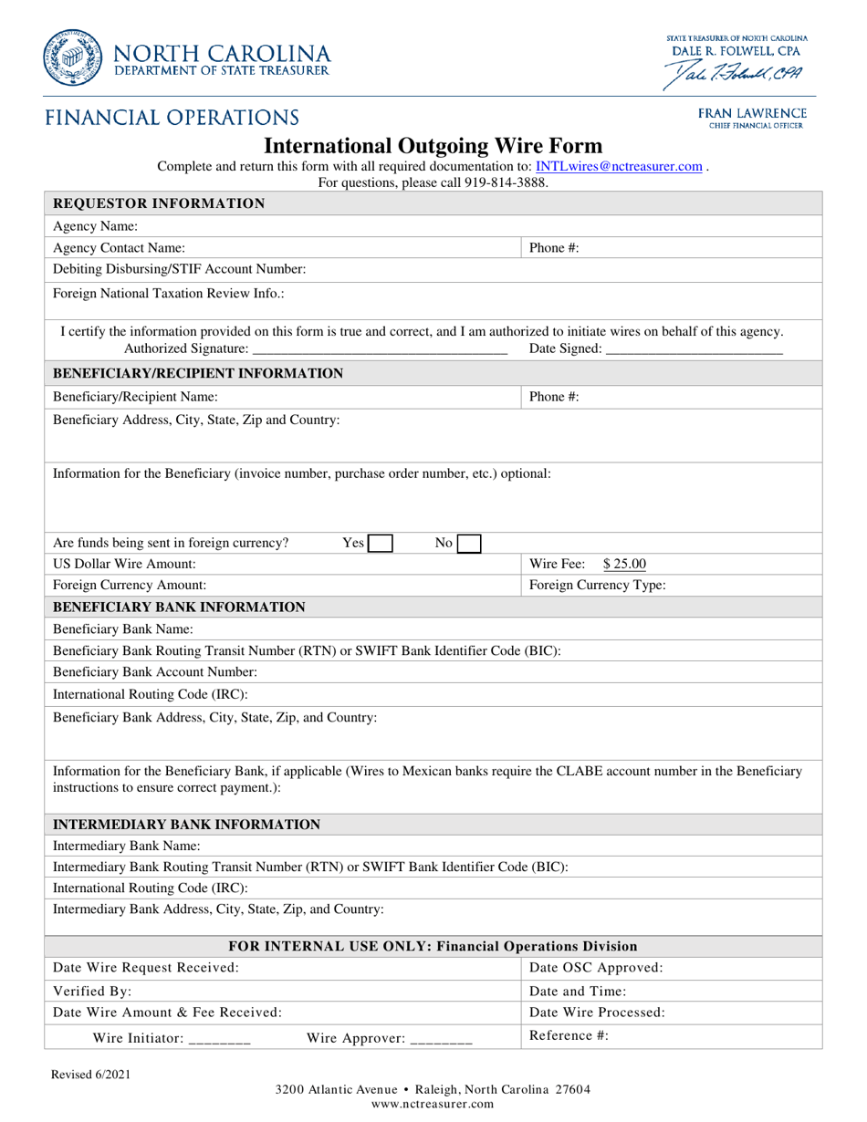 International Outgoing Wire Form - North Carolina, Page 1