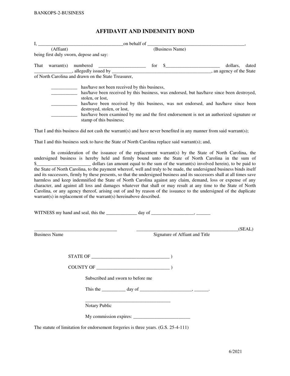 North Carolina Affidavit and Indemnity Bond for a Business Download ...