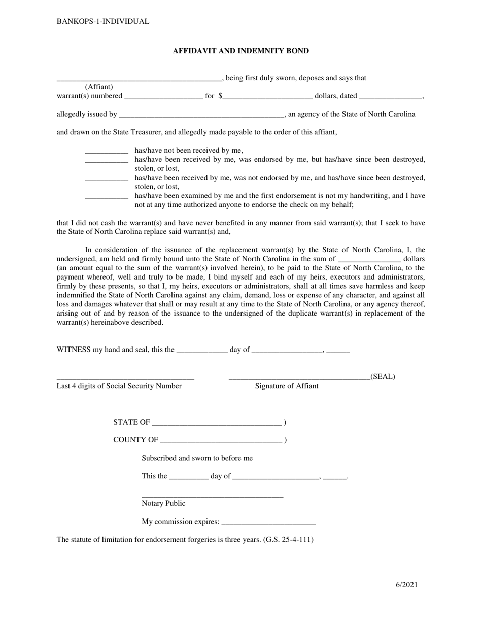 Affidavit and Indemnity Bond for an Individual - North Carolina, Page 1