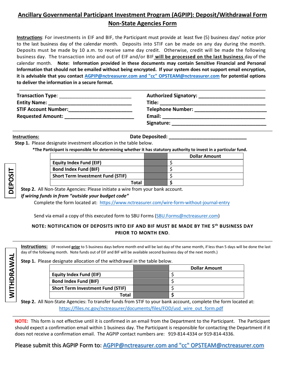 Ancillary Governmental Participant Investment Program (Agpip) Deposit / Withdrawal Form - Non-state Agencies - North Carolina, Page 1