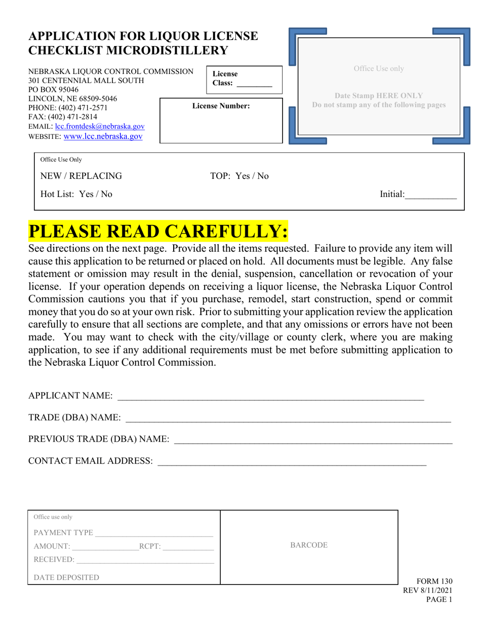Form 130 Application for Liquor License - Microdistillery - Nebraska, Page 1