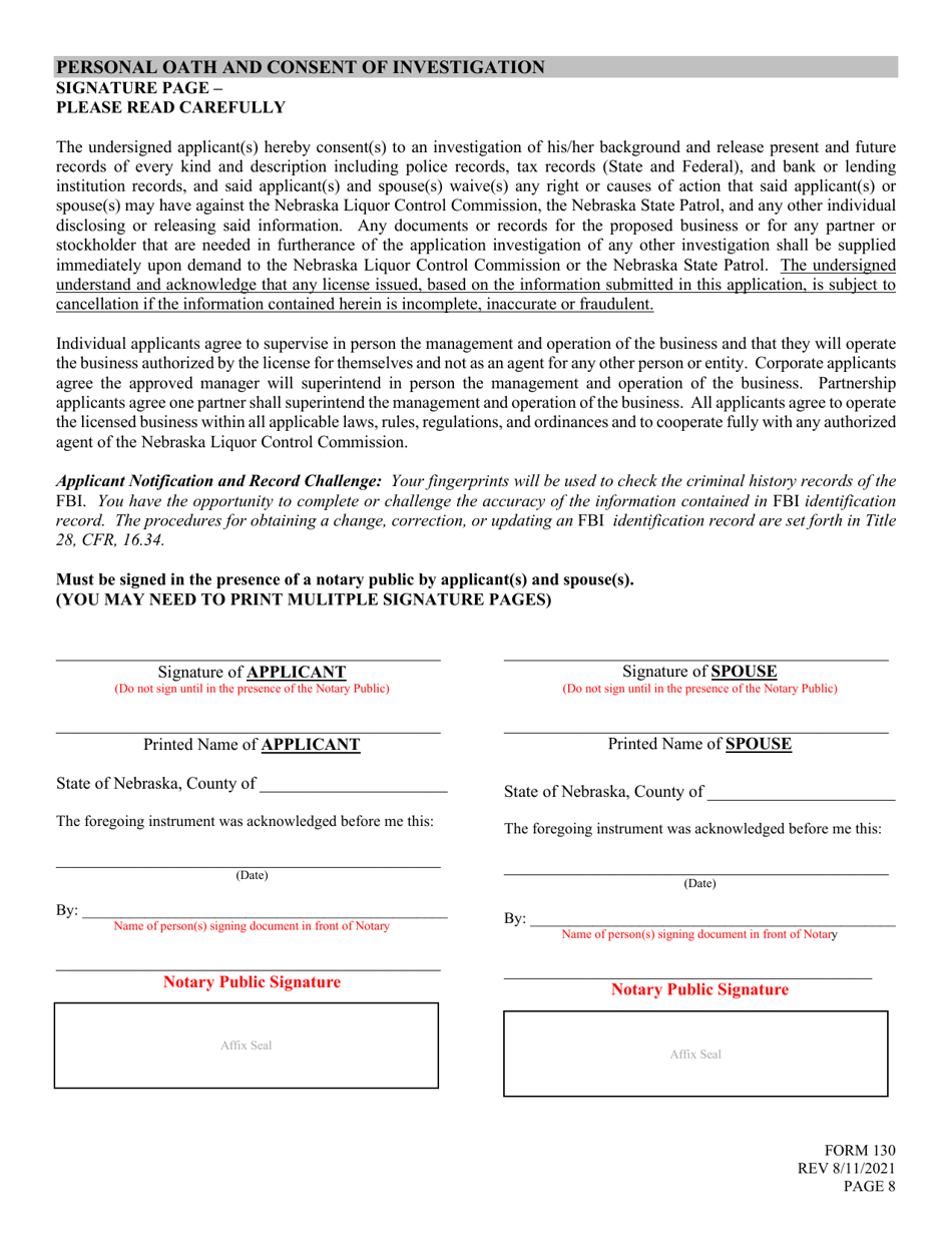 Form 130 Application for Liquor License - Microdistillery - Nebraska, Page 8
