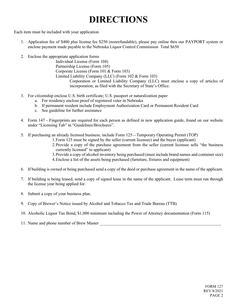 Form 127 Application for Liquor License - Brewery (Brew Pub) - Nebraska, Page 2