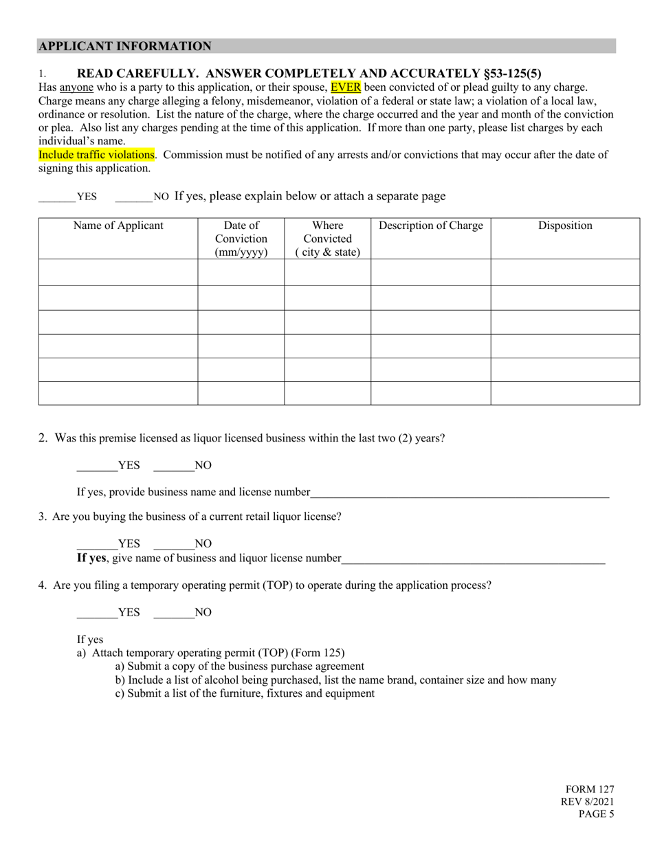 Form 127 Application for Liquor License - Brewery (Brew Pub) - Nebraska, Page 5