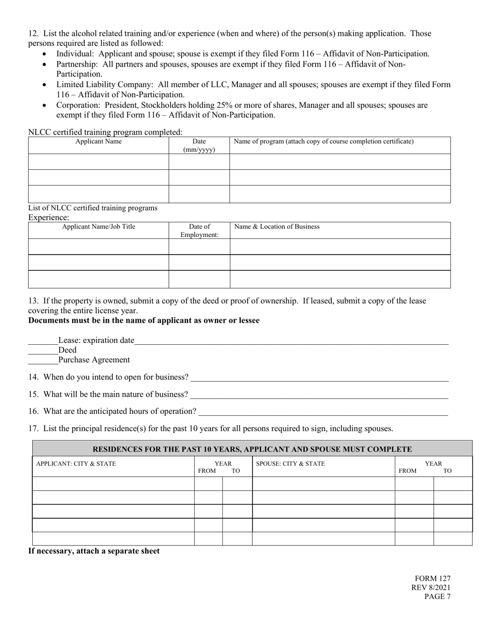 Form 127 Application for Liquor License - Brewery (Brew Pub) - Nebraska, Page 7